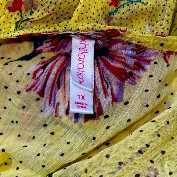 XHILARATION : XL Sleeveless ruffle Surplice neck Faux wrap Hi-low yellow floral - Picture 6 of 7